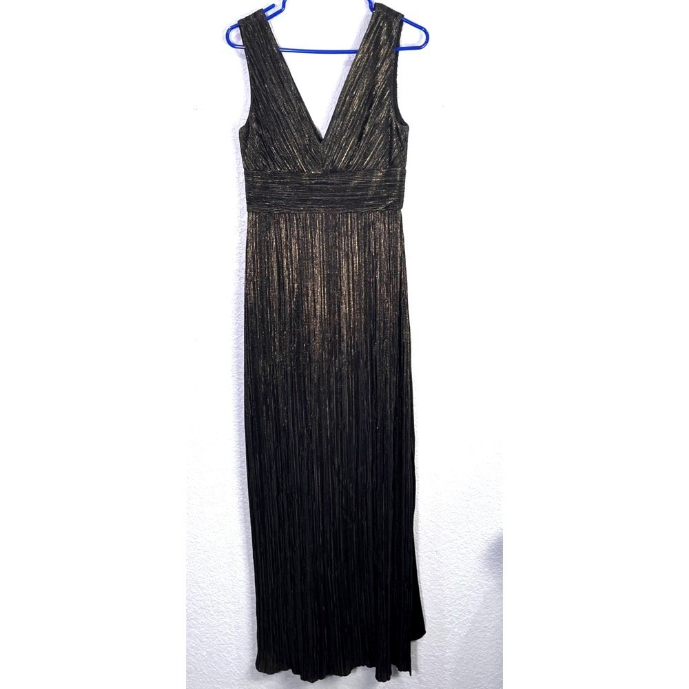 Jessica Howard‎ Gown Women 6 Black Gold Metallic Plissé V-Neck Empire Waist Maxi
